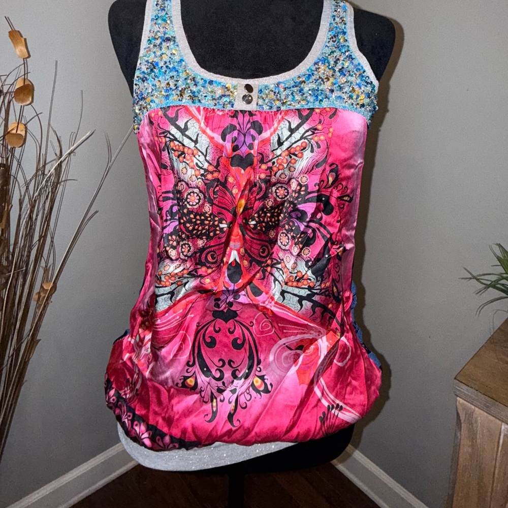 RARE VINTAGE Custo Barcelona Sequin Butterfly Graphic Silk Blend Top - Size 2/S